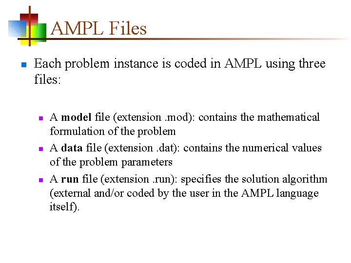 AMPL Files n Each problem instance is coded in AMPL using three files: n