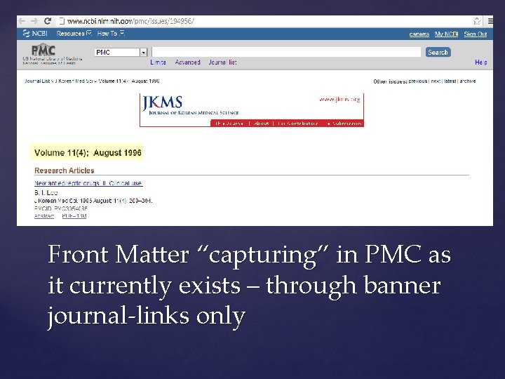 Front Matter “capturing” in PMC as it currently exists – through banner journal-links only