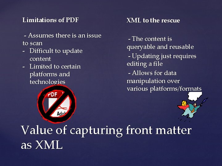 Limitations of PDF - Assumes there is an issue to scan - Difficult to