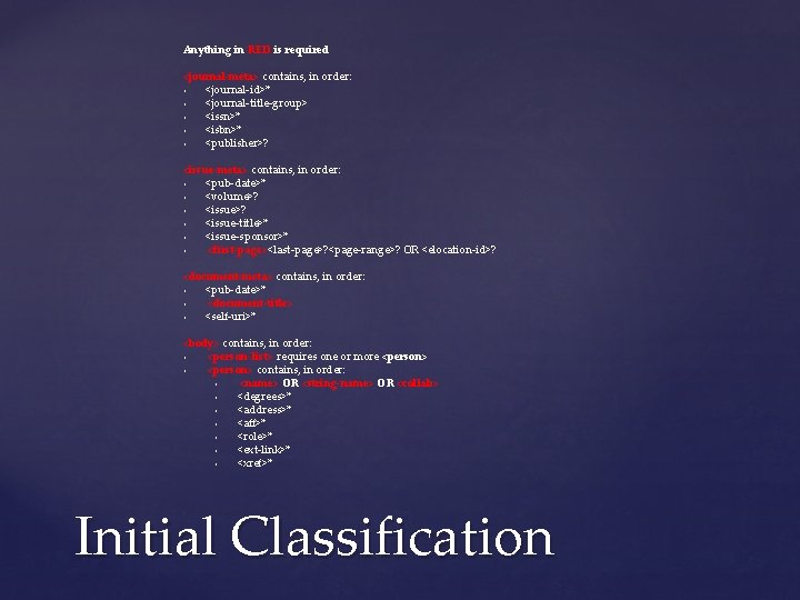 Anything in RED is required <journal-meta> contains, in order: • <journal-id>* • <journal-title-group> •