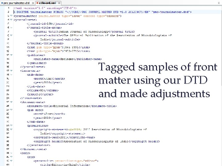 Tagged samples of front matter using our DTD and made adjustments 