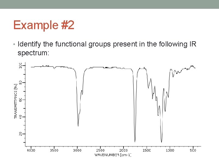 Example #2 • Identify the functional groups present in the following IR spectrum: Example #2 • Identify the functional groups present in the following IR spectrum:
