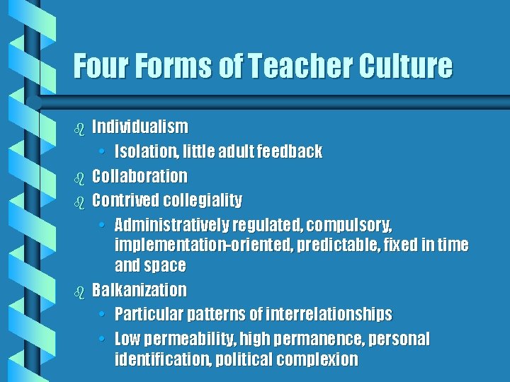 Four Forms of Teacher Culture b b Individualism • Isolation, little adult feedback Collaboration