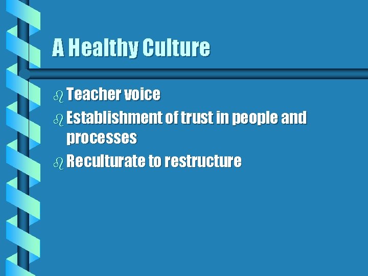 A Healthy Culture b Teacher voice b Establishment of trust in people and processes