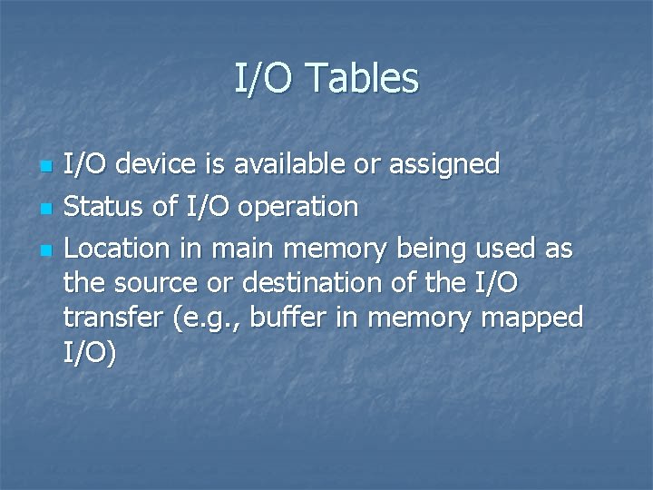 I/O Tables n n n I/O device is available or assigned Status of I/O