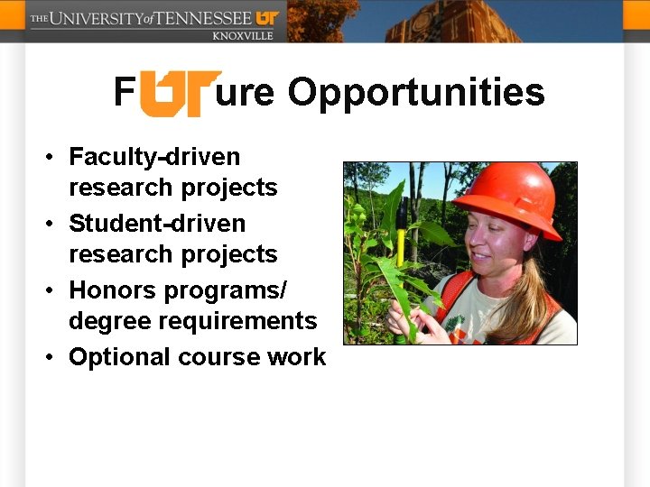 F ure Opportunities • Faculty-driven research projects • Student-driven research projects • Honors programs/