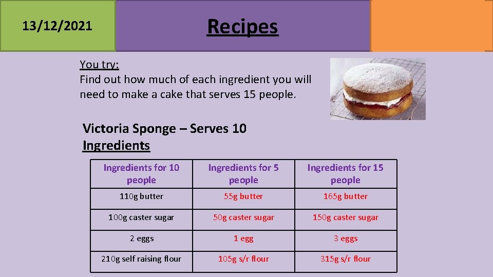 MATHSWATCH CLIP 39 GRADE 2 Recipes 13/12/2021 You try: Find out how much of