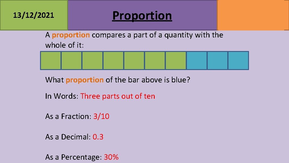 13/12/2021 Proportion MATHSWATCH CLIP 42, 199 GRADE 2, 7 A proportion compares a part