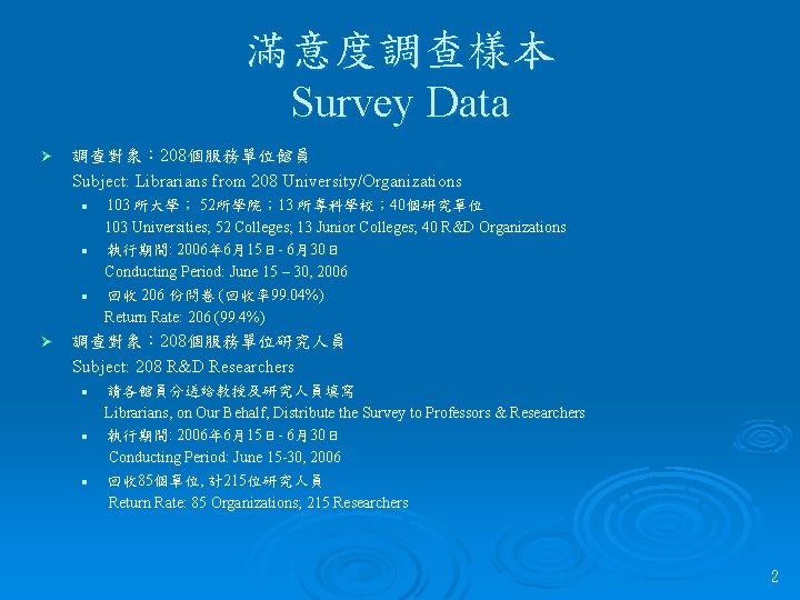 滿意度調查樣本 Survey Data Ø 調查對象： 208個服務單位館員 Subject: Librarians from 208 University/Organizations l l l