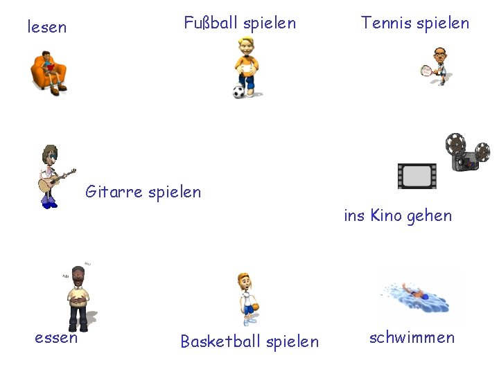 lesen Fußball spielen Tennis spielen Gitarre spielen ins Kino gehen essen Basketball spielen schwimmen