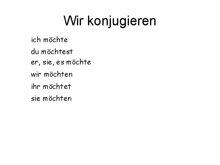 Wir konjugieren ich möchte du möchtest er, sie, es möchte wir möchten ihr möchtet