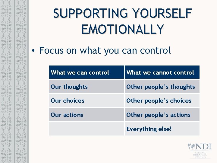 SUPPORTING YOURSELF EMOTIONALLY • Focus on what you can control What we cannot control