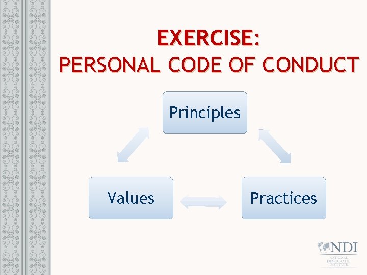 EXERCISE: PERSONAL CODE OF CONDUCT Principles Values Practices 