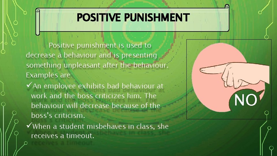 POSITIVE PUNISHMENT Positive punishment is used to decrease a behaviour and is presenting something