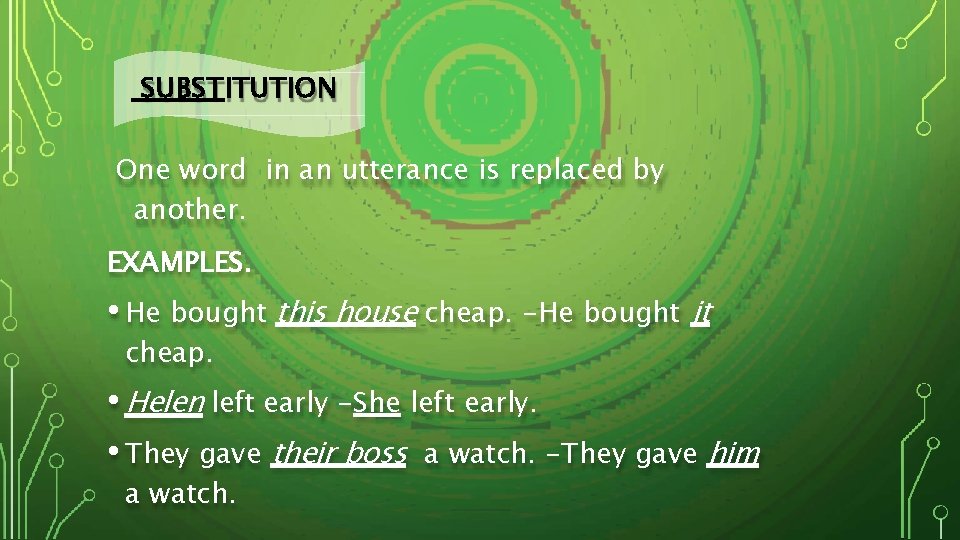 SUBSTITUTION One word in an utterance is replaced by another. EXAMPLES. • He bought