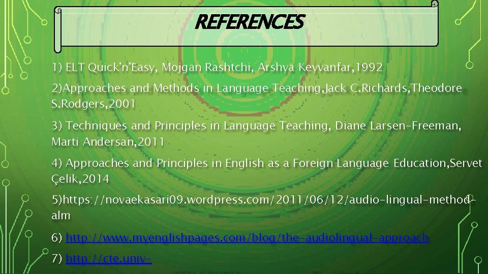 REFERENCES 1) ELT Quick'n'Easy, Mojgan Rashtchi, Arshya Keyvanfar, 1992 2)Approaches and Methods in Language