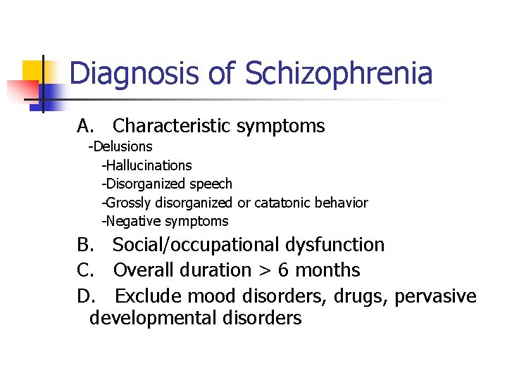 Diagnosis of Schizophrenia A. Characteristic symptoms -Delusions -Hallucinations -Disorganized speech -Grossly disorganized or catatonic