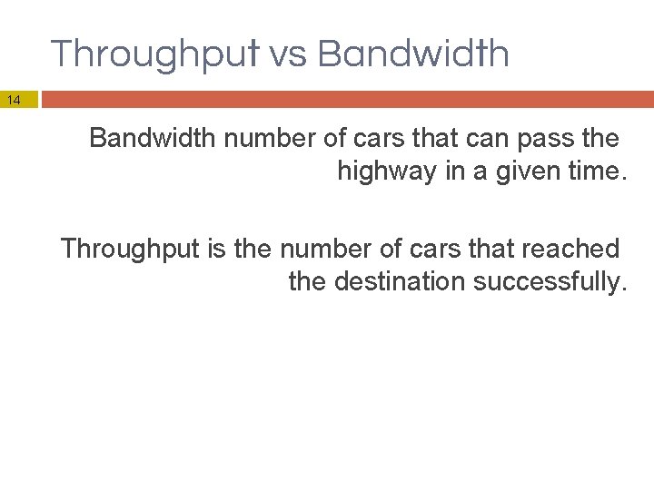 Throughput vs Bandwidth 14 Bandwidth number of cars that can pass the highway in