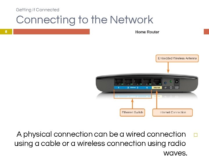 Getting it Connected Connecting to the Network 6 A physical connection can be a