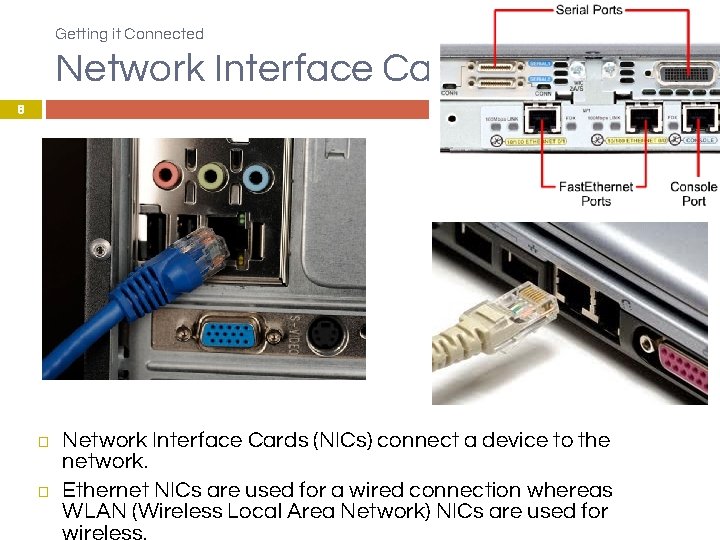 Getting it Connected Network Interface Cards 8 � � Network Interface Cards (NICs) connect