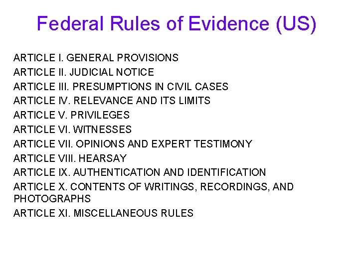 Federal Rules of Evidence (US) ARTICLE I. GENERAL PROVISIONS ARTICLE II. JUDICIAL NOTICE ARTICLE