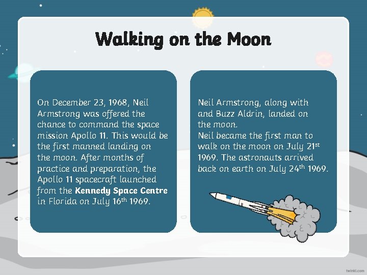 Walking on the Moon On December 23, 1968, Neil Armstrong was offered the chance