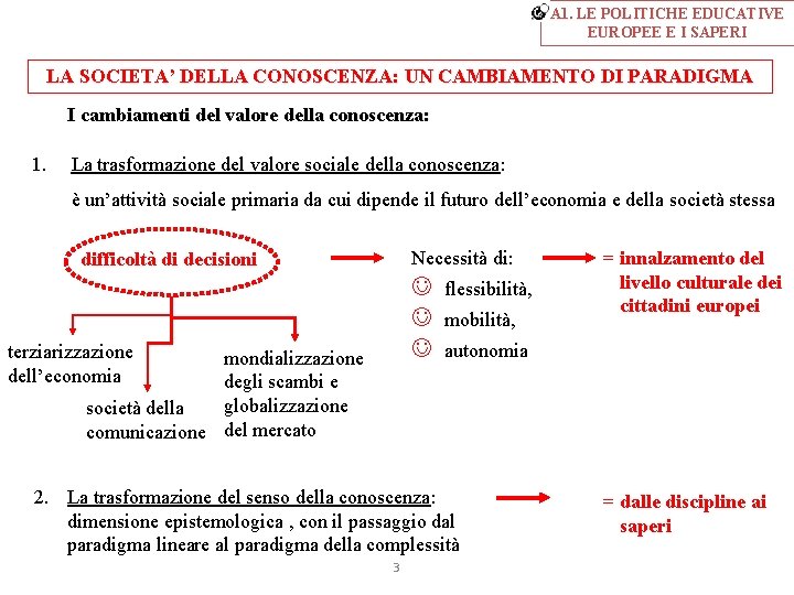 A 1. LE POLITICHE EDUCATIVE EUROPEE E I SAPERI LA SOCIETA’ DELLA CONOSCENZA: UN