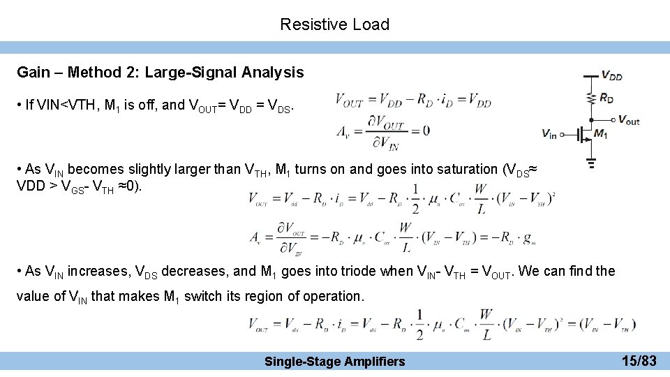Resistive Load Gain – Method 2: Large-Signal Analysis • If VIN<VTH, M 1 is