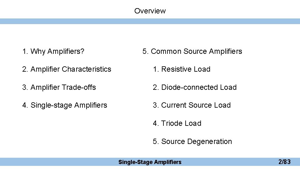 Overview 1. Why Amplifiers? 5. Common Source Amplifiers 2. Amplifier Characteristics 1. Resistive Load