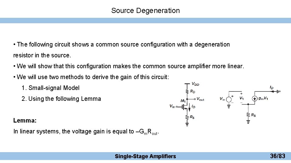 Source Degeneration • The following circuit shows a common source configuration with a degeneration