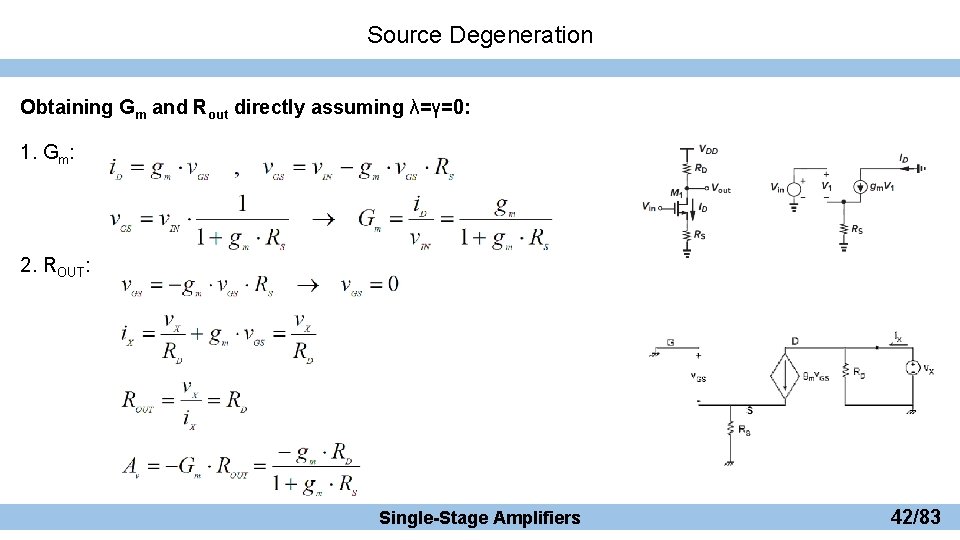 Source Degeneration Obtaining Gm and Rout directly assuming λ=γ=0: 1. Gm: 2. ROUT: Single-Stage