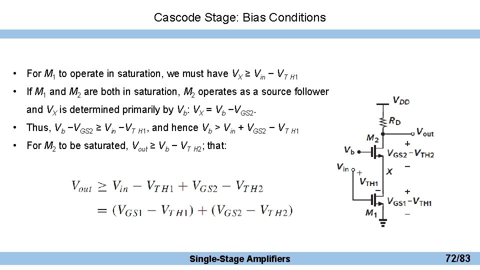 Cascode Stage: Bias Conditions • For M 1 to operate in saturation, we must