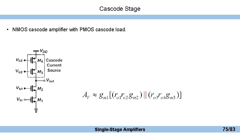 Cascode Stage • NMOS cascode amplifier with PMOS cascode load. Single-Stage Amplifiers 75/83 