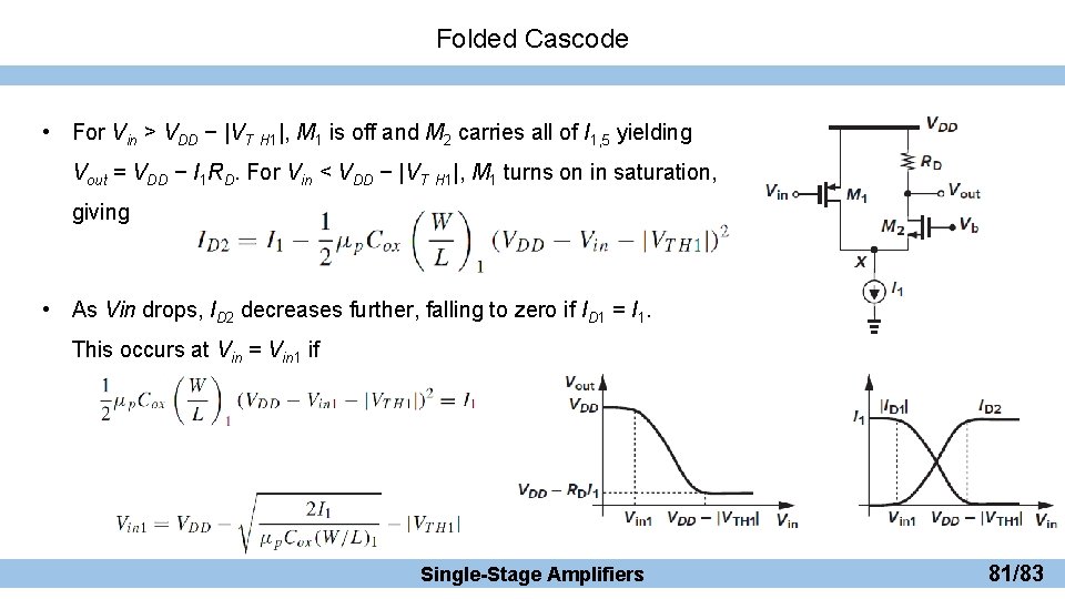 Folded Cascode • For Vin > VDD − |VT H 1|, M 1 is