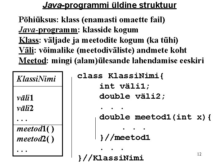 Java-programmi üldine struktuur Põhiüksus: klass (enamasti omaette fail) Java-programm: klasside kogum Klass: väljade ja