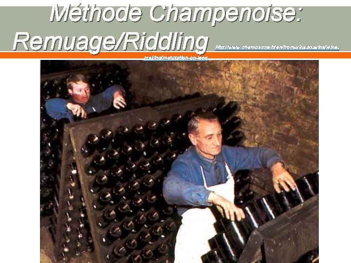 Méthode Champenoise: Remuage/Riddling http: //www. champagne. fr/en/from-vine-to-wine/wine- making/maturation-on-lees 