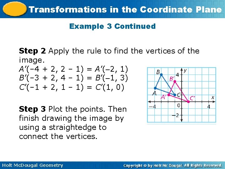 Transformations in the Coordinate Plane Example 3 Continued Step 2 Apply the rule to