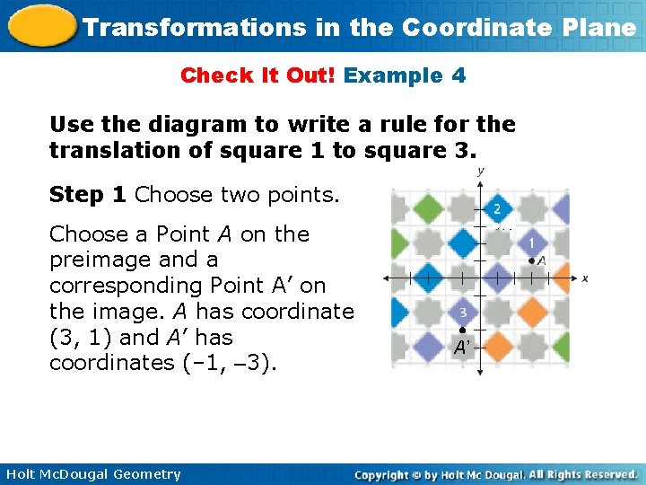 Transformations in the Coordinate Plane Check It Out! Example 4 Use the diagram to