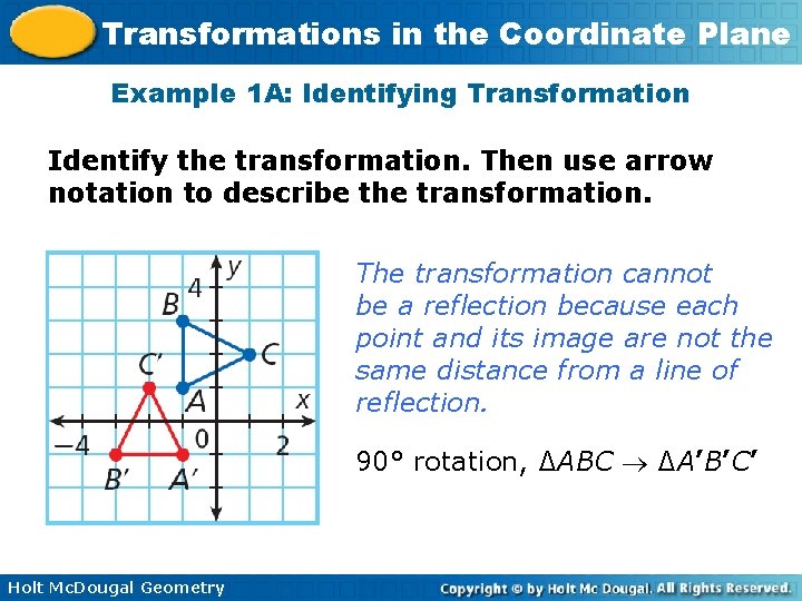 Transformations in the Coordinate Plane Example 1 A: Identifying Transformation Identify the transformation. Then