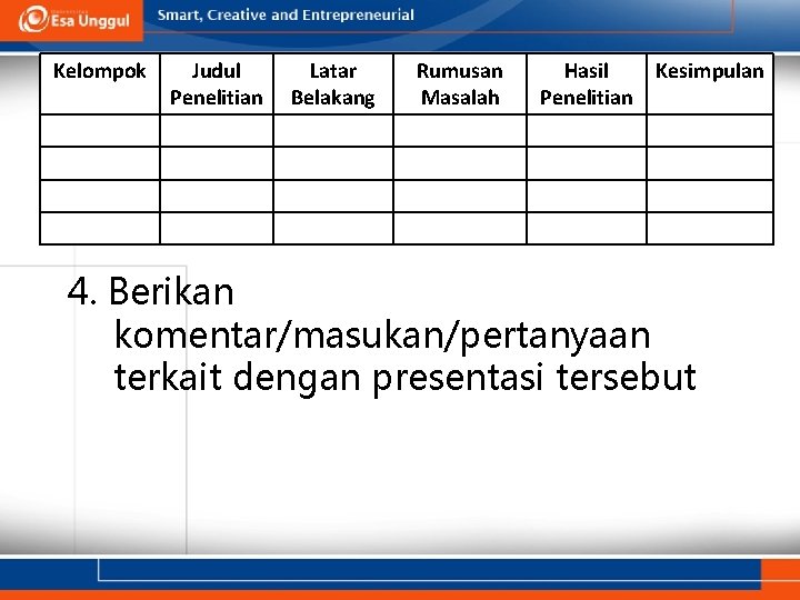 Kelompok Judul Penelitian Latar Belakang Rumusan Masalah Hasil Penelitian Kesimpulan 4. Berikan komentar/masukan/pertanyaan terkait