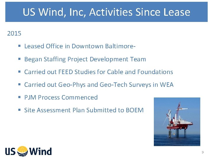 US Wind, Inc, Activities Since Lease 2015 § Leased Office in Downtown Baltimore§ Began