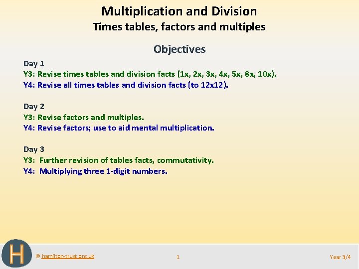 Multiplication and Division Times tables, factors and multiples Objectives Day 1 Y 3: Revise