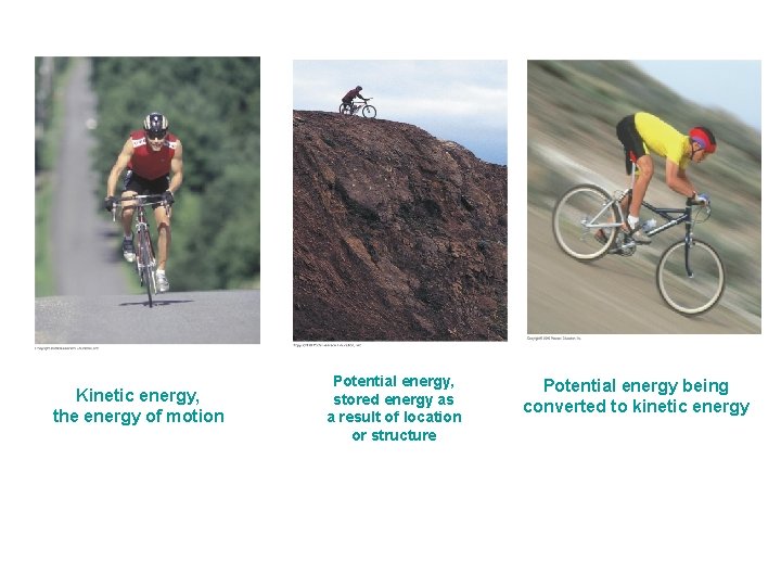 Kinetic energy, the energy of motion Potential energy, stored energy as a result of