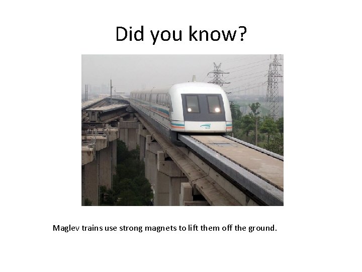 Did you know? Maglev trains use strong magnets to lift them off the ground.