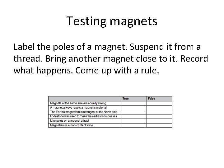 Testing magnets Label the poles of a magnet. Suspend it from a thread. Bring