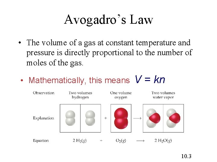 Avogadro’s Law • The volume of a gas at constant temperature and pressure is