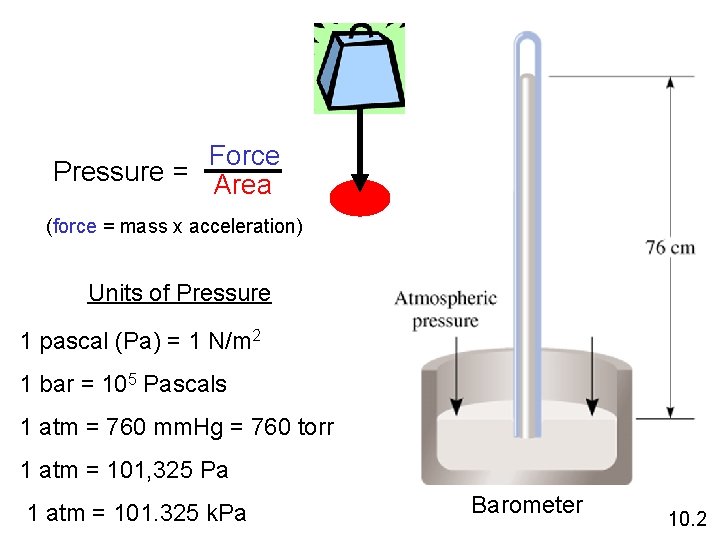 Force Pressure = Area (force = mass x acceleration) Units of Pressure 1 pascal