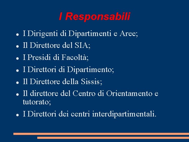 I Responsabili I Dirigenti di Dipartimenti e Aree; Il Direttore del SIA; I Presidi