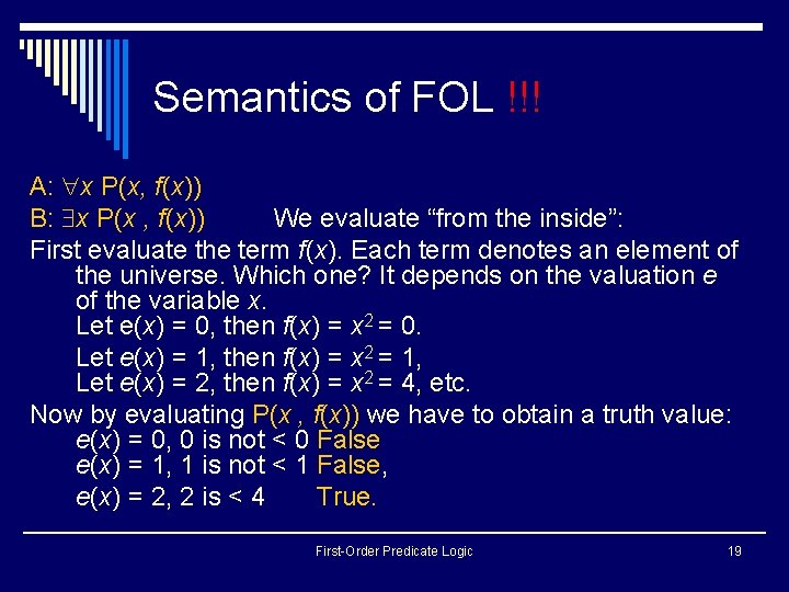 Semantics of FOL !!! A: x P(x, f(x)) B: x P(x , f(x)) We