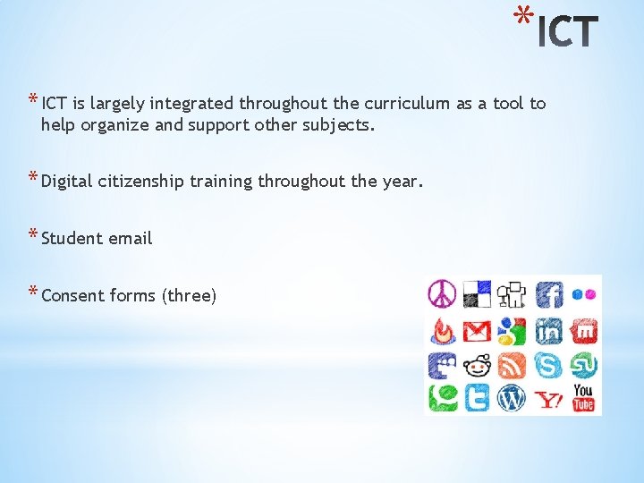 * * ICT is largely integrated throughout the curriculum as a tool to help